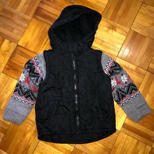 Black Hooded vest Jacket with knit Patterned Sleeves